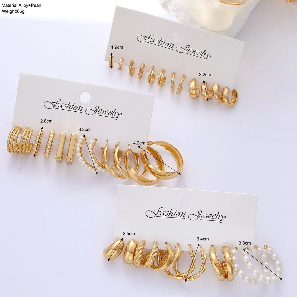 Golden Muse Hoop & Pearl Earring Set – 14-Piece Fashion Collection.