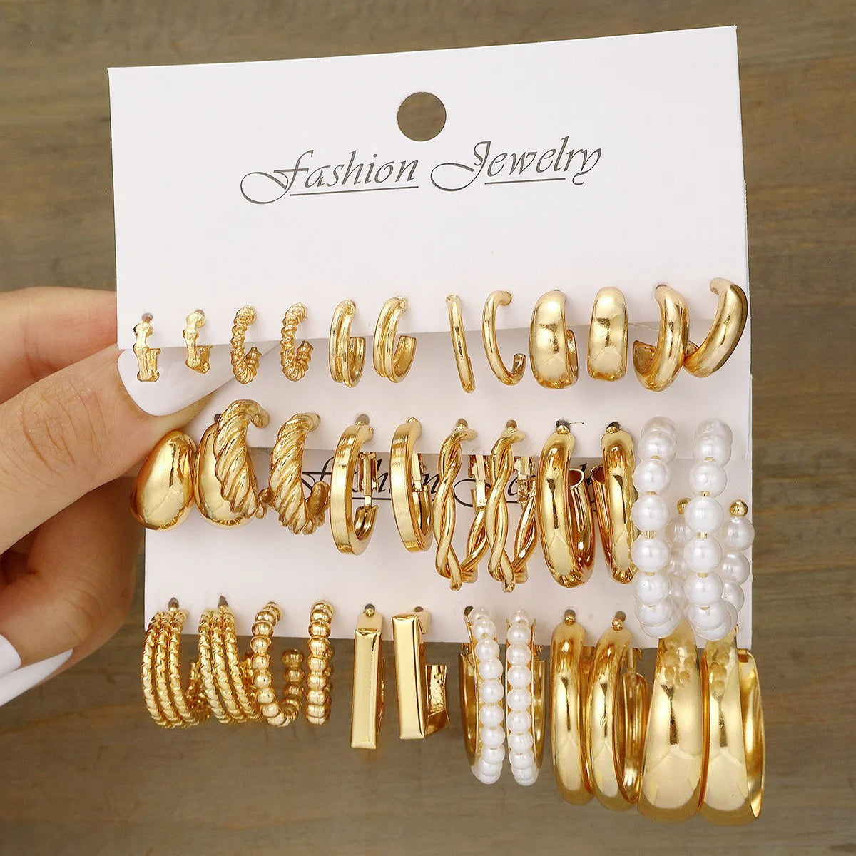 Golden Muse Hoop & Pearl Earring Set – 14-Piece Fashion Collection.