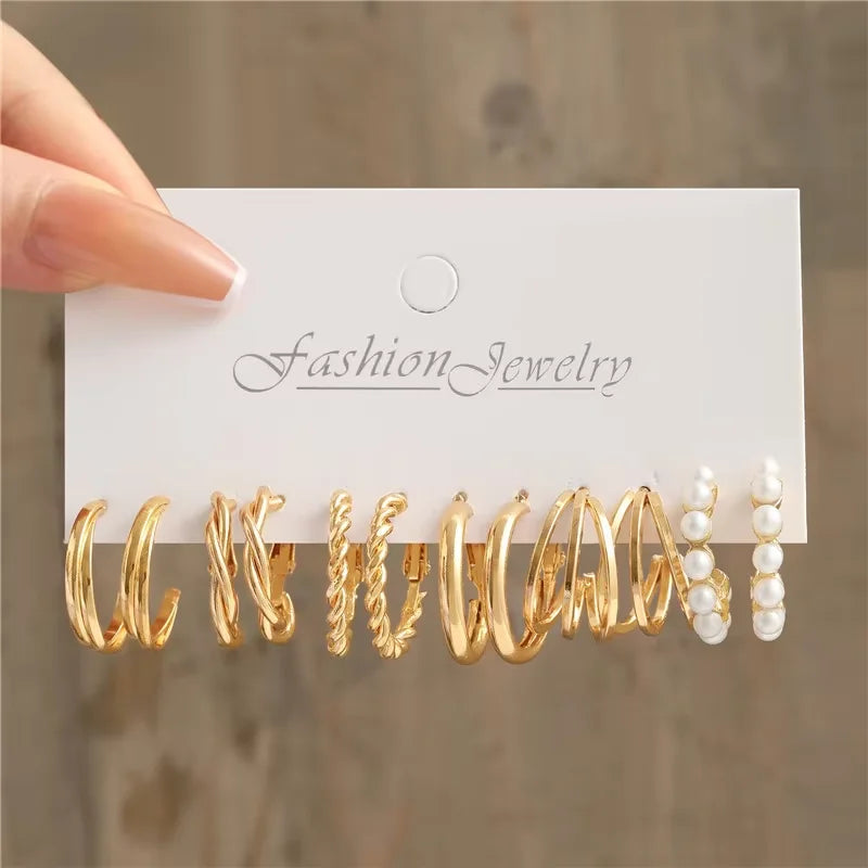 Golden Muse Hoop & Pearl Earring Set – 14-Piece Fashion Collection.