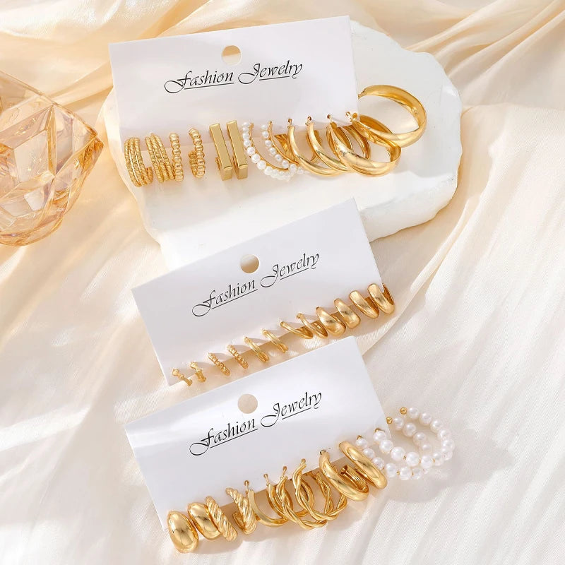 Golden Muse Hoop & Pearl Earring Set – 14-Piece Fashion Collection.