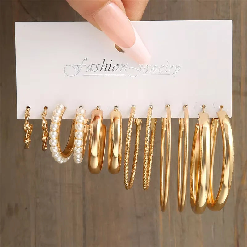 Golden Muse Hoop & Pearl Earring Set – 14-Piece Fashion Collection.