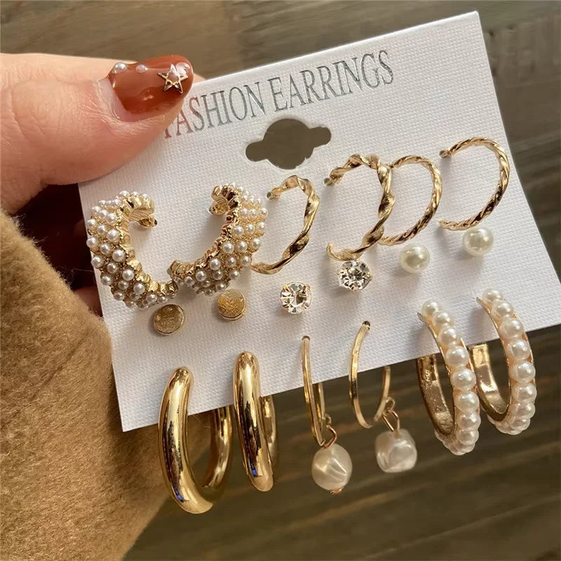 Golden Muse Hoop & Pearl Earring Set – 14-Piece Fashion Collection.
