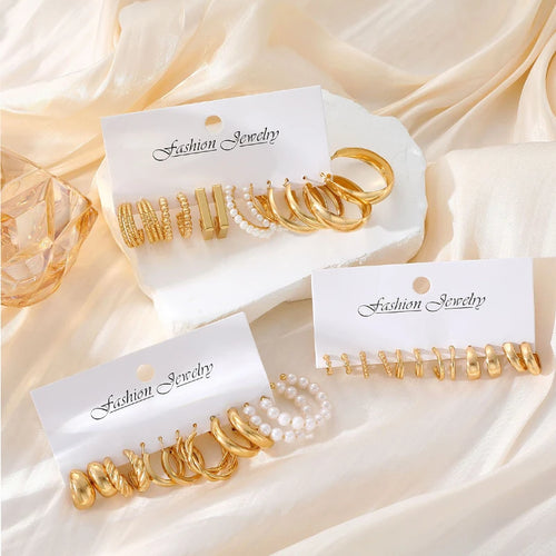 Golden Muse Hoop & Pearl Earring Set – 14-Piece Fashion Collection.