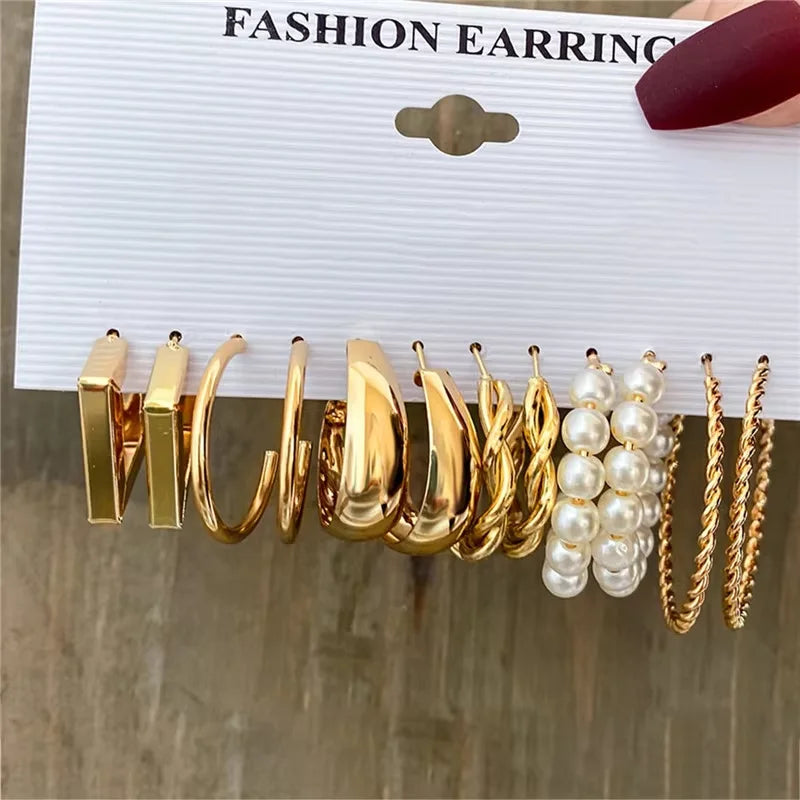 Golden Muse Hoop & Pearl Earring Set – 14-Piece Fashion Collection.