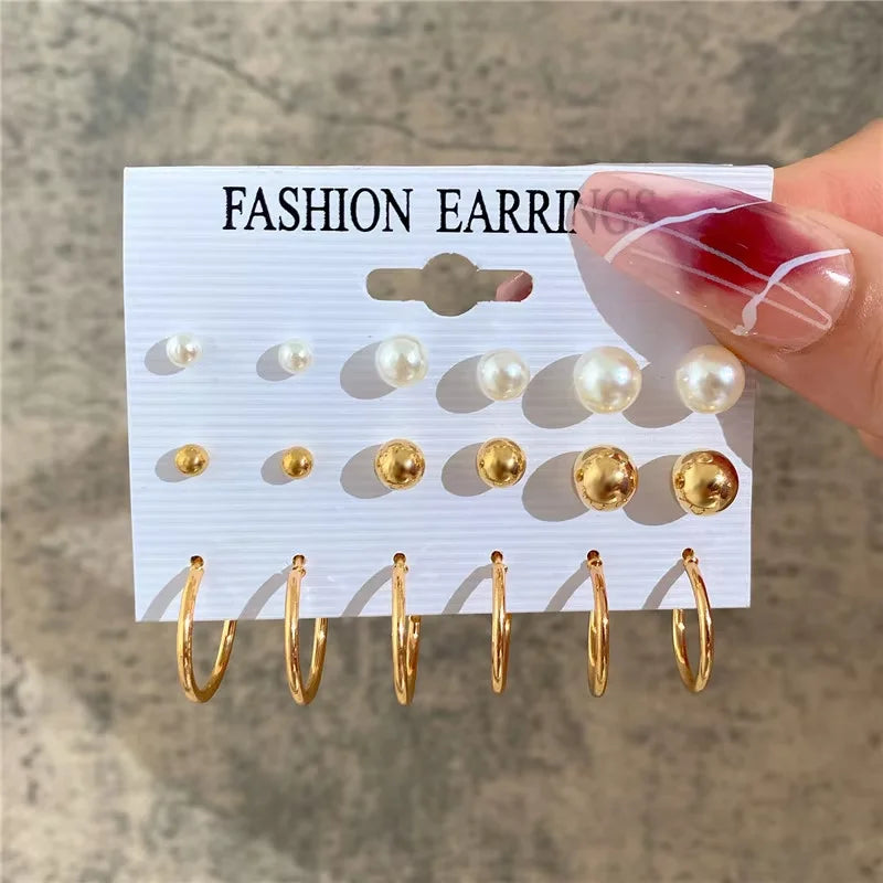Golden Muse Hoop & Pearl Earring Set – 14-Piece Fashion Collection.